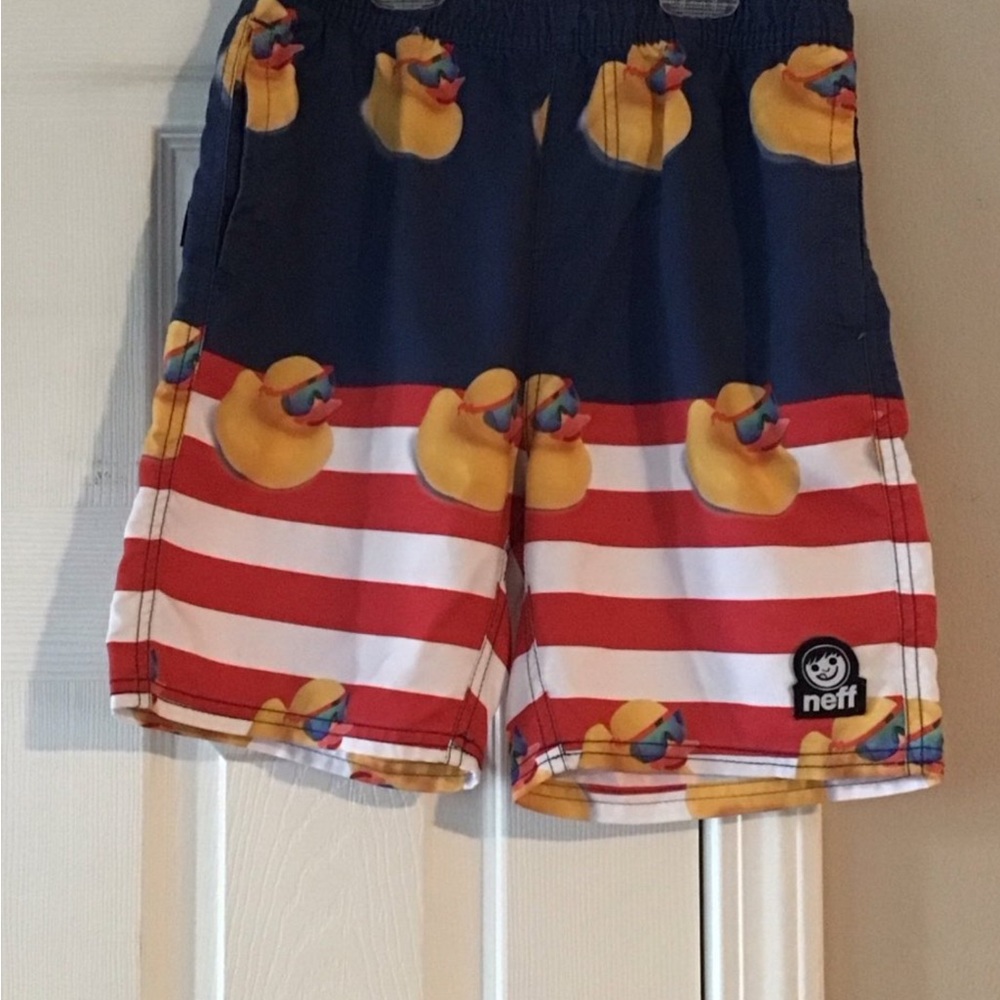 Neff Kids Swim Trunks - Red, White, Blue with Yellow Ducks